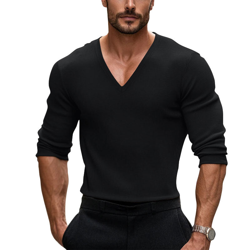 Men's V-Neck Ribbed Cotton Solid Color T-shirt 250700494