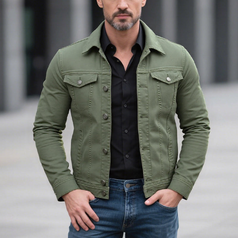 Men's Classic Solid Color Lapel Single Breasted Cargo Denim Jacket 9261078610104