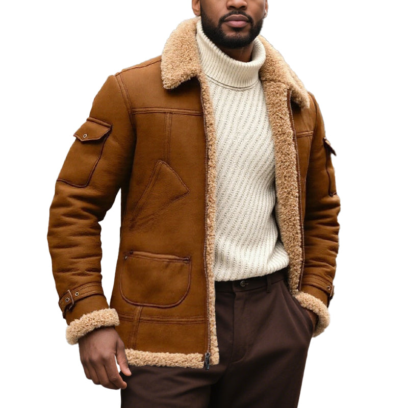 Men's Winter Lambswool Warm Lapel Multi-pocket Thick Jacket 9261100433592