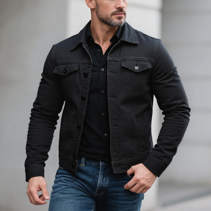 Men's Classic Solid Color Lapel Single Breasted Cargo Denim Jacket 9261078610104