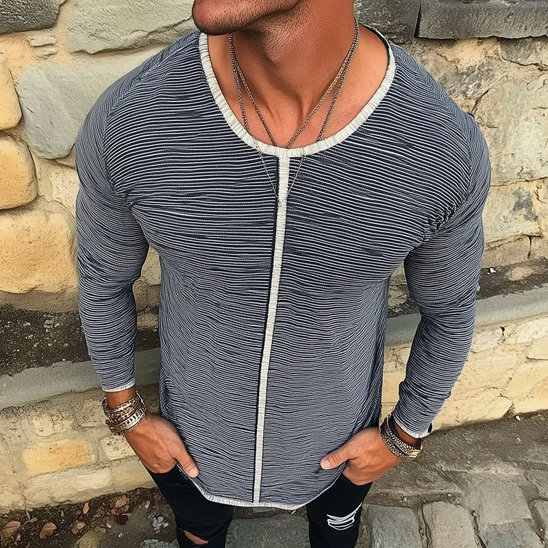 Men's Retro Casual Striped Printed Round Neck Long Sleeve T-Shirt 9893975425208