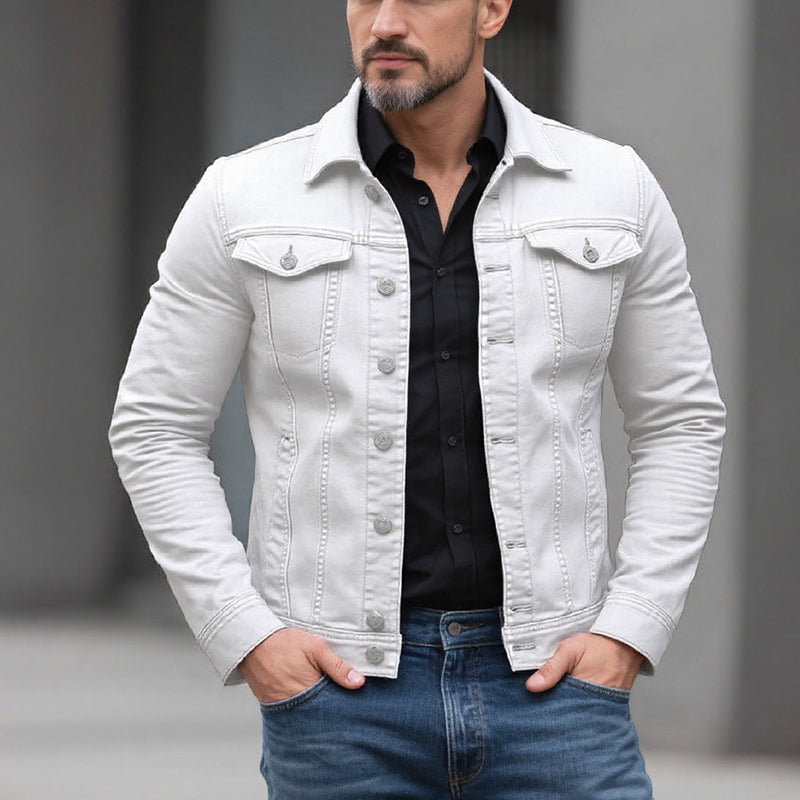 Men's Classic Solid Color Lapel Single Breasted Cargo Denim Jacket 9261078610104