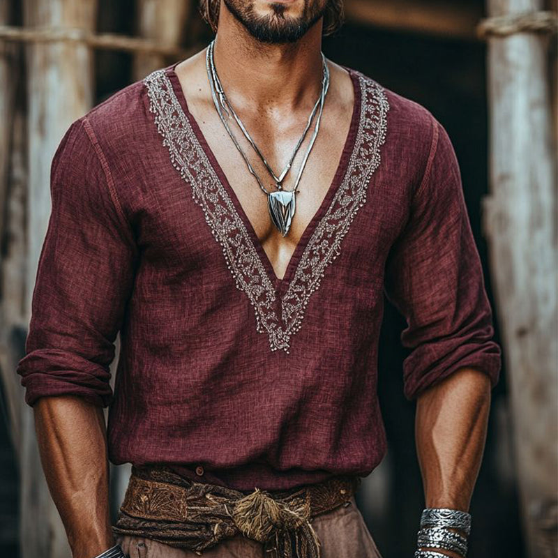 Men's Vintage Lace Patchwork V-neck Long-sleeved T-shirt 9892050665656