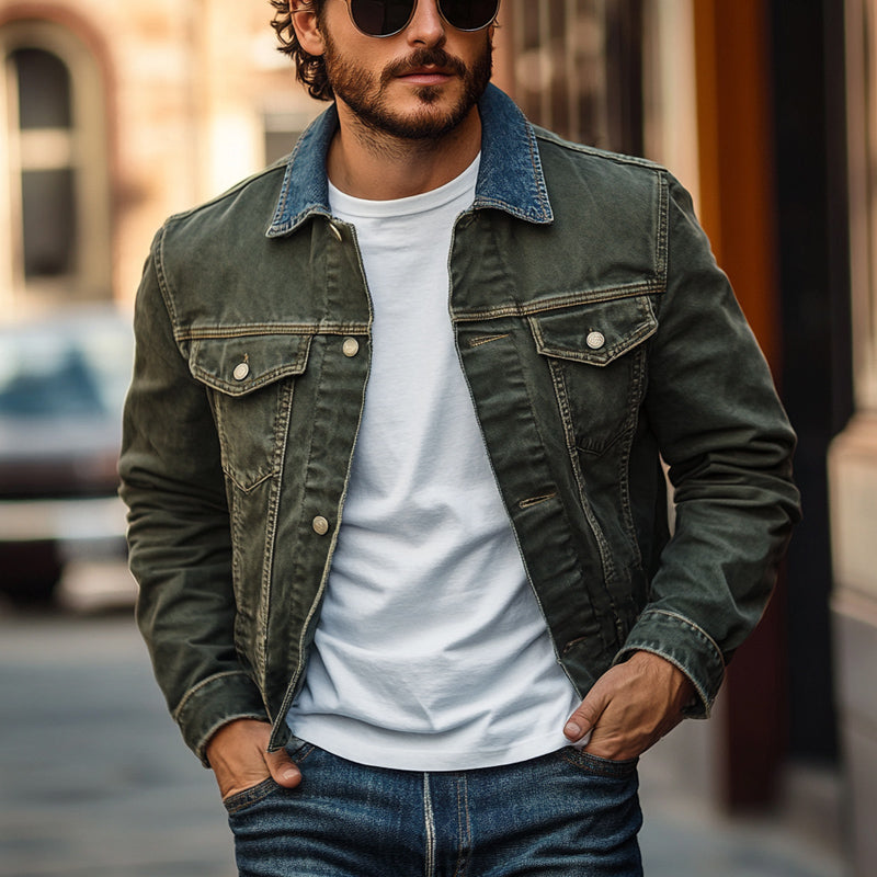 Men's Vintage Collar Patchwork Washed Denim Jacket 9911548281016