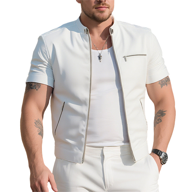 Men's Fashion Faux Leather Stand Collar Slim Fit Multi-Pocket Short Sleeve Shirt 9954876162232