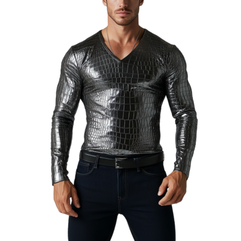Men's Fashion Slim Fit V-Neck Textured Leather Long Sleeve T-Shirt 9899713626296