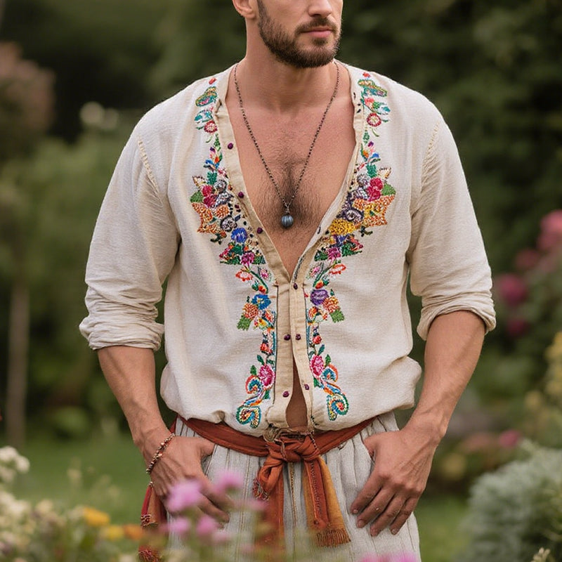 Men's Casual Vintage Embroidered Long Sleeve Shirt 9261777518776