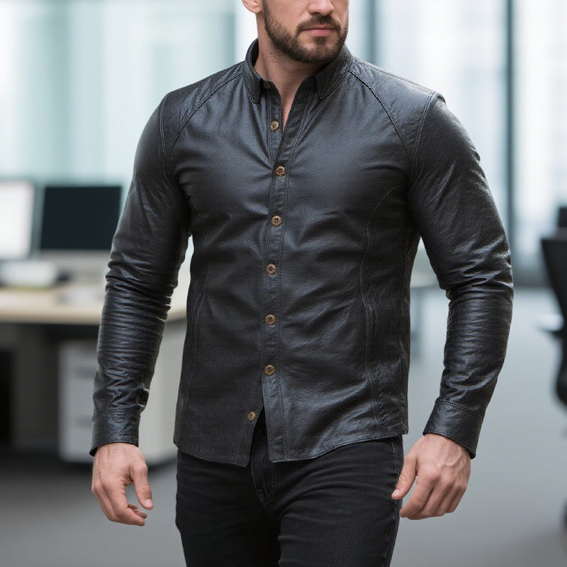 Men's Vintage Black Long Sleeve Leather Shirt 9887383552184