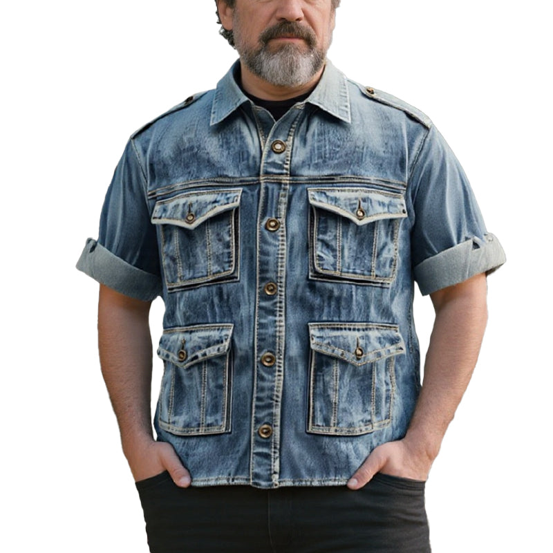 Men's Turndown Collar Long Sleeve Flap Pocket Denim Safari Shirt 9951401017528