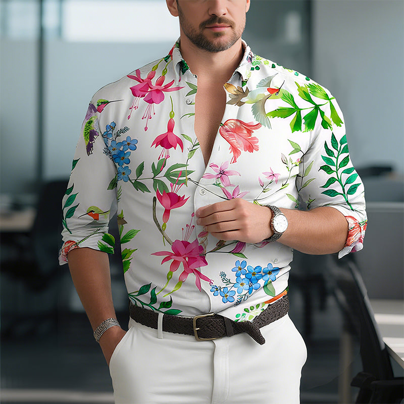 Men's Hawaiian Floral Print Long Sleeve Lapel Shirt 9261795803320