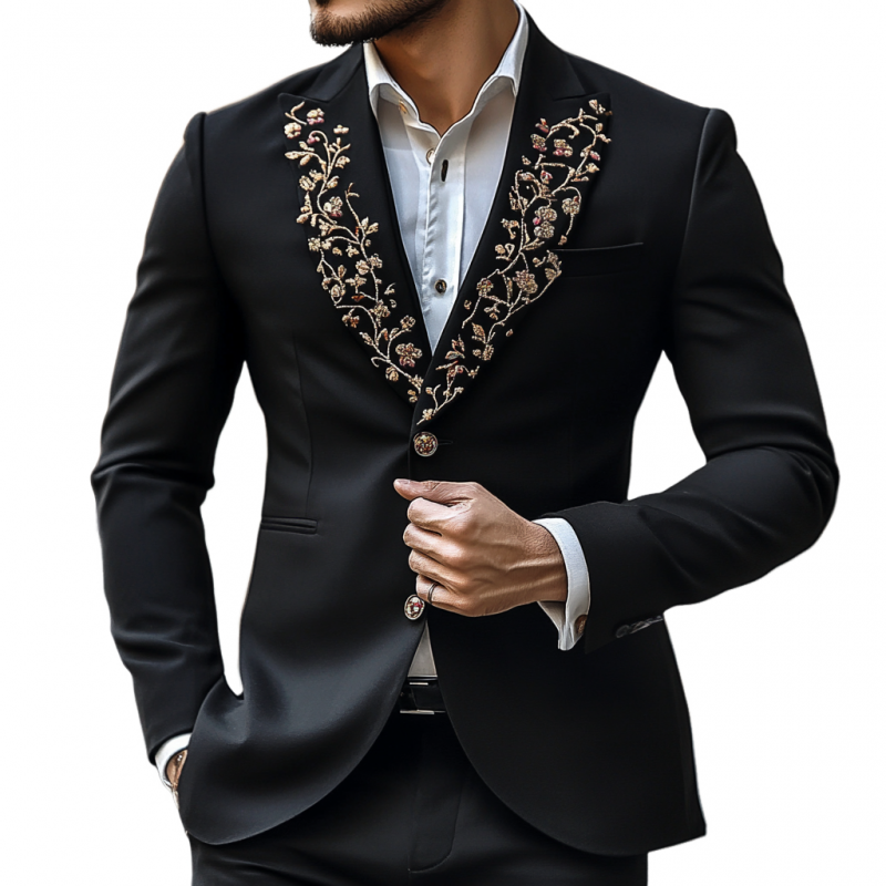 Men's Vintage Peaked Lapel Embroidered Single Breasted Slim Fit Blazer 9892386242744