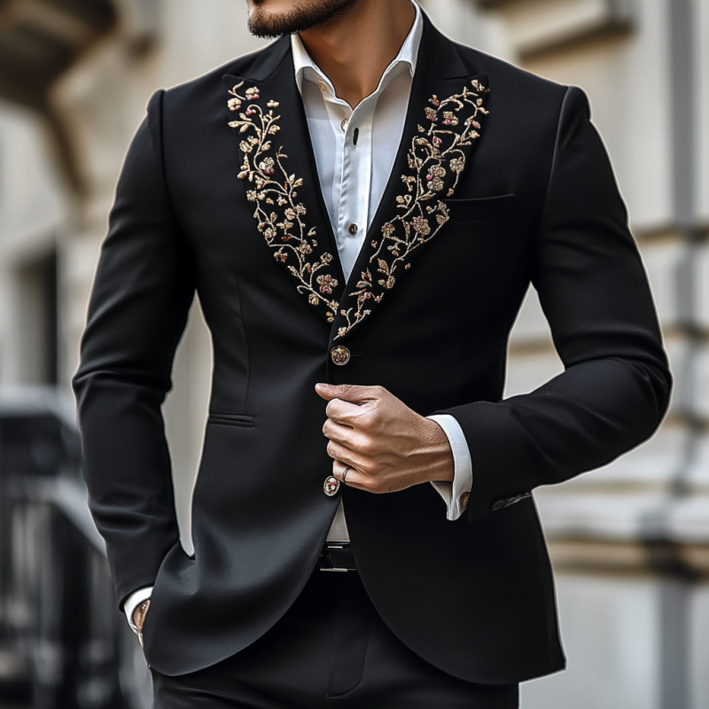 Men's Vintage Peaked Lapel Embroidered Single Breasted Slim Fit Blazer 9892386242744
