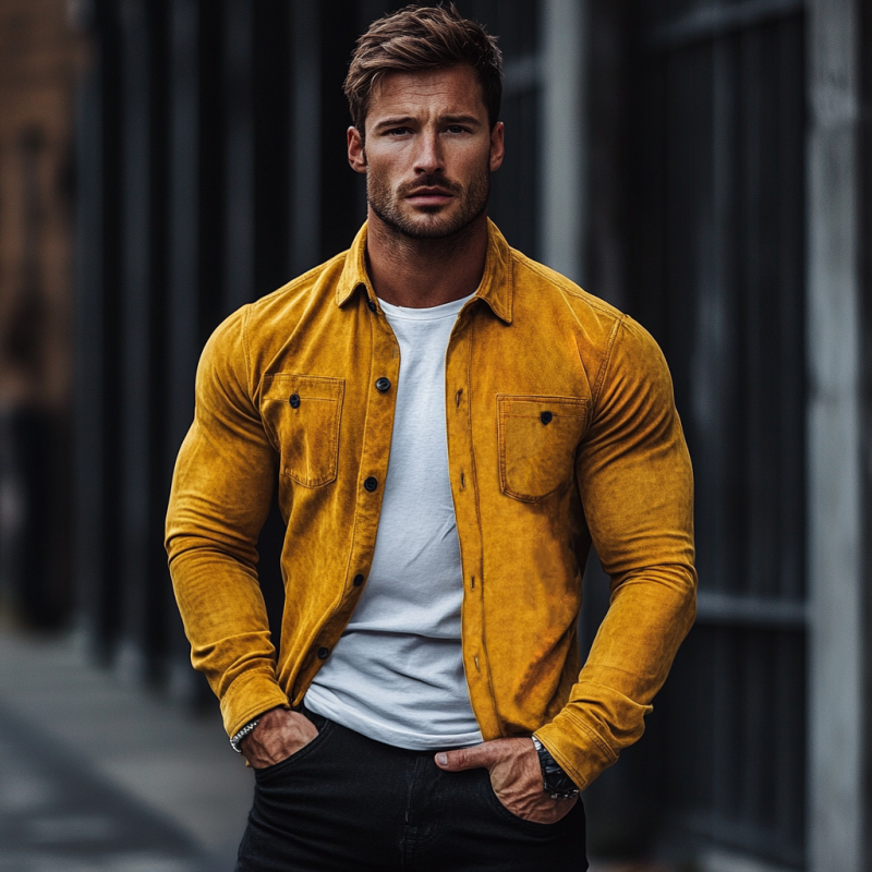 Men's Fashion Suede Slim Fit Lapel Long-Sleeved Shirt 9892052992184