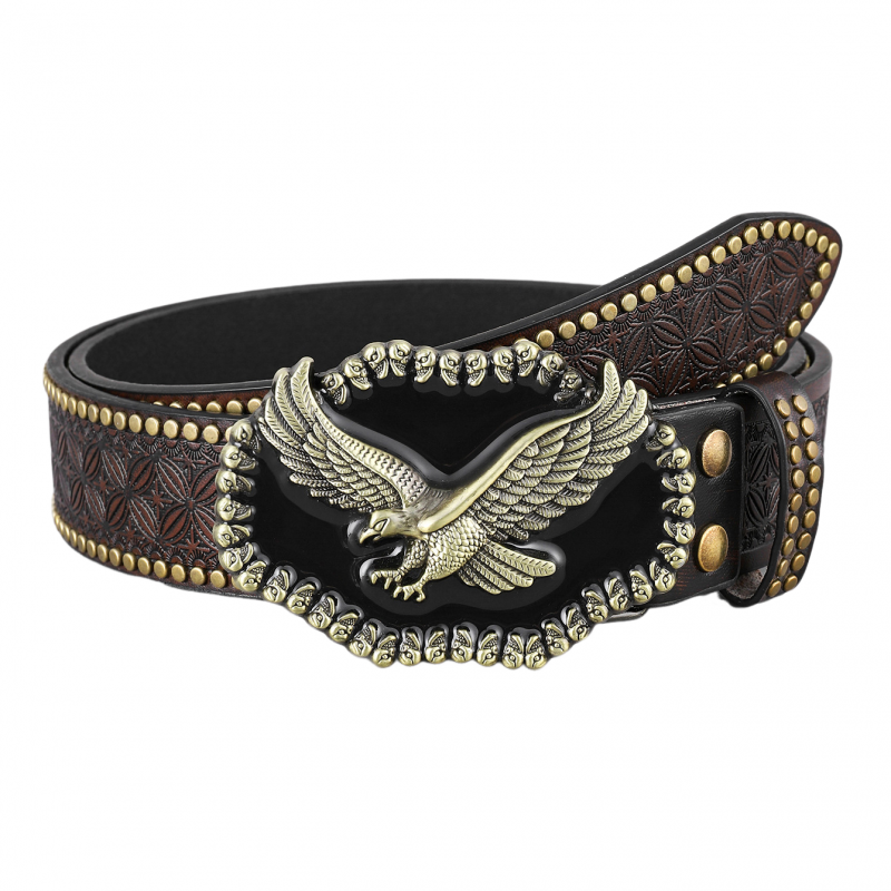 Men's Vintage Embossed Rivet Western Cowboy Leather Belt 9893977030840