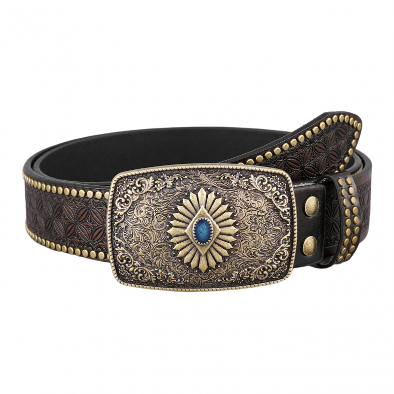 Men's Vintage Embossed Rivet Western Cowboy Leather Belt 9893977063608