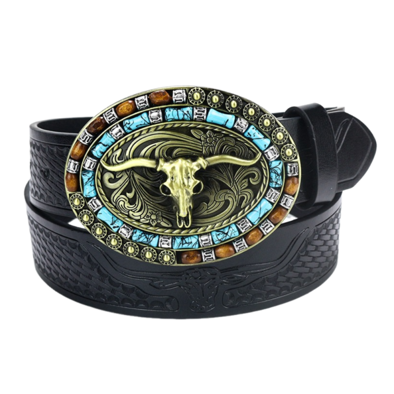Men's Vintage Bull Head Western Cowboy Leather Belt 9893976899768