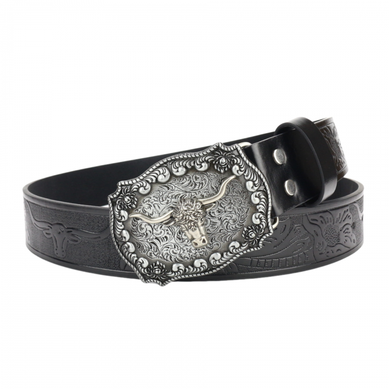 Men's Vintage Bullhead Punk Embossed Western Cowboy Leather Belt 9893976801464