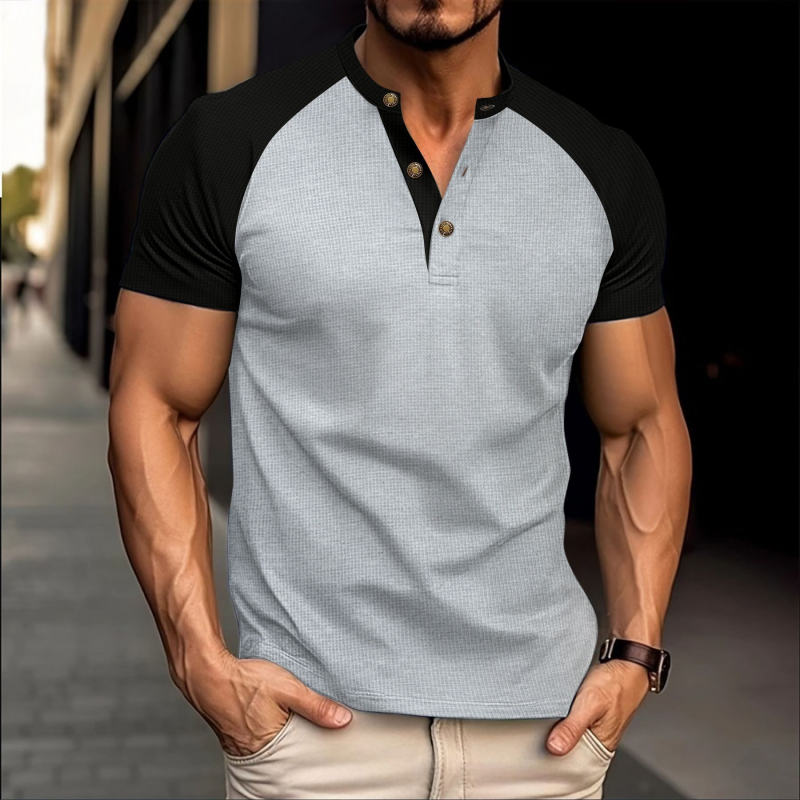 Men's Casual Colorblock Waffle Henley Collar Raglan Short Sleeves T-shirt 9892391649464