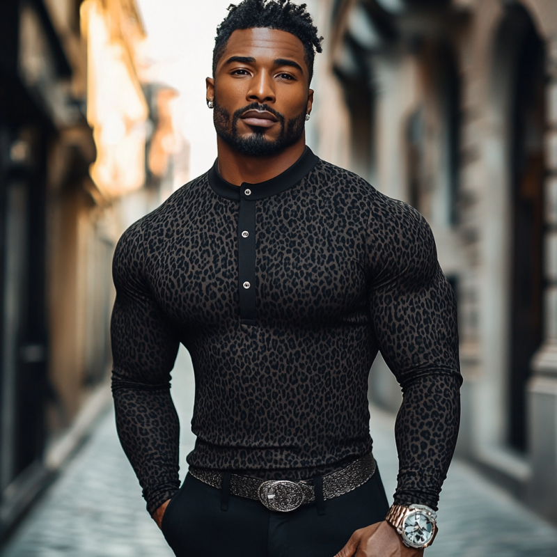 Men's Casual Cotton Blend Leopard Henley Collar Slim Fit Long Sleeve T-Shirt 9892049682616
