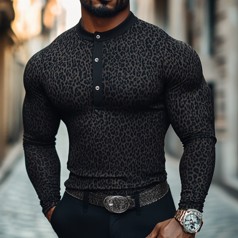 Men's Casual Cotton Blend Leopard Henley Collar Slim Fit Long Sleeve T-Shirt 9892049682616
