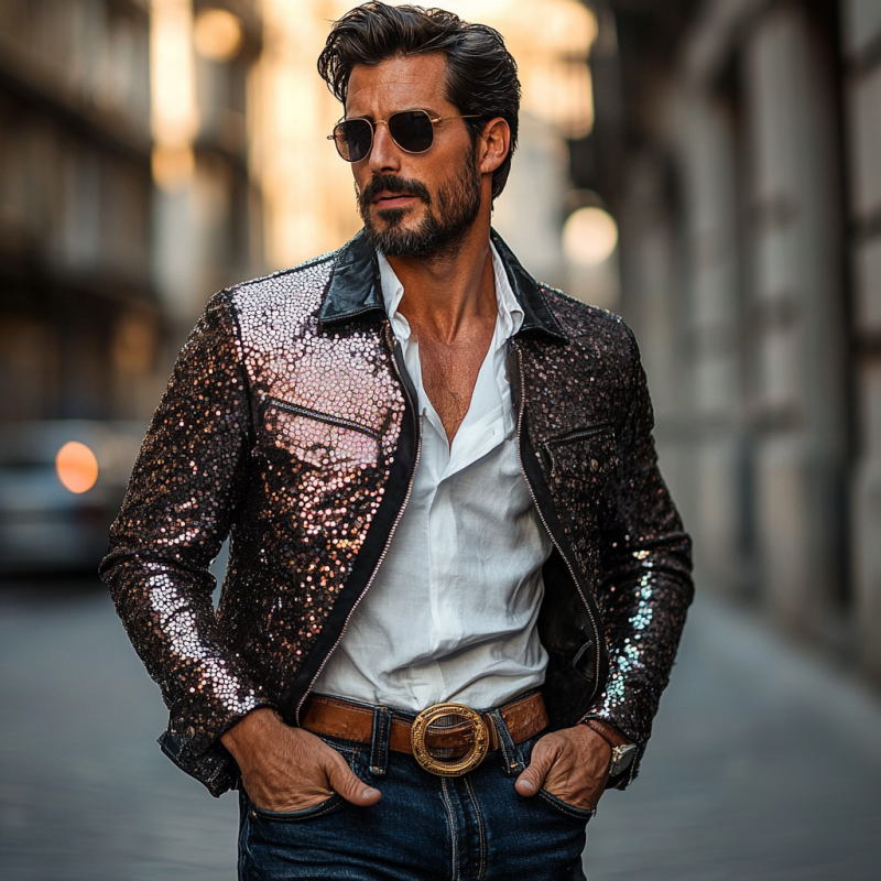 Men's Casual Lapel Leather Sequin Patchwork Slim-fit Jacket 9892051353784
