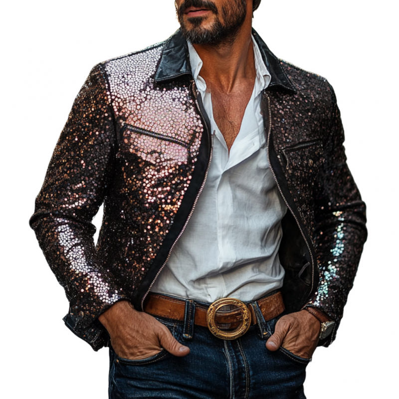 Men's Casual Lapel Leather Sequin Patchwork Slim-fit Jacket 9892051353784