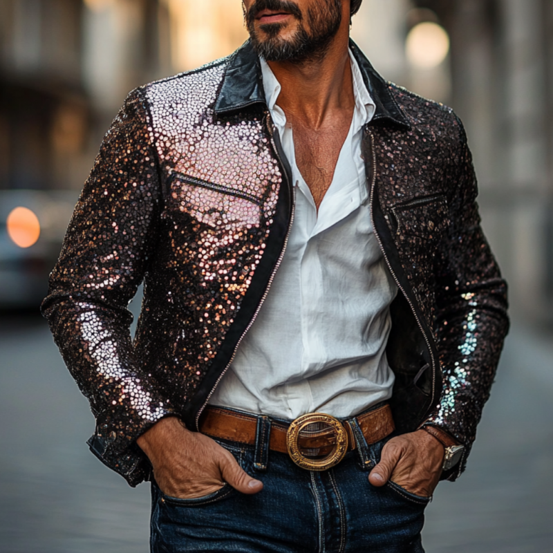Men's Casual Lapel Leather Sequin Patchwork Slim-fit Jacket 9892051353784