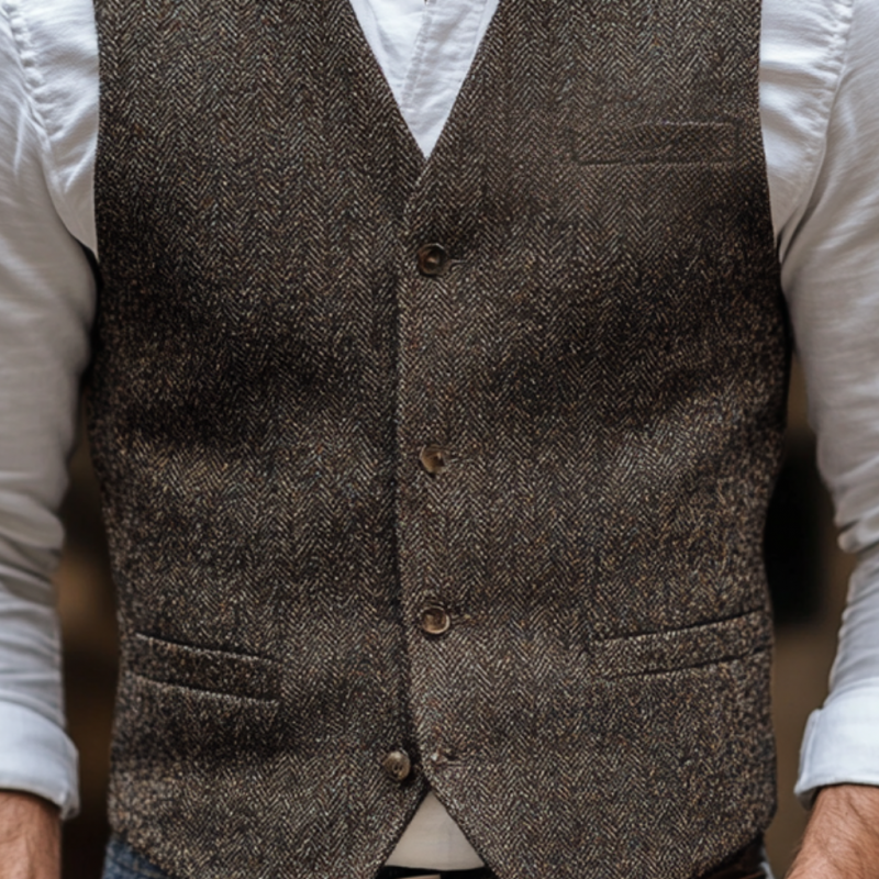 Men's Vintage Herringbone V-Neck Single-Breasted Multi-Pocket Slim Fit Vest 9899723522232