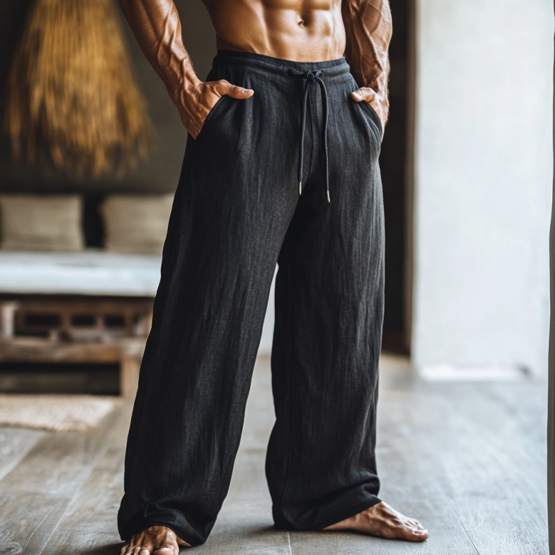 Men's Solid Color Loose Cotton And Linen Elastic Waist Casual Pants 9901320143032