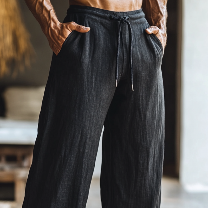 Men's Solid Color Loose Cotton And Linen Elastic Waist Casual Pants 9901320143032