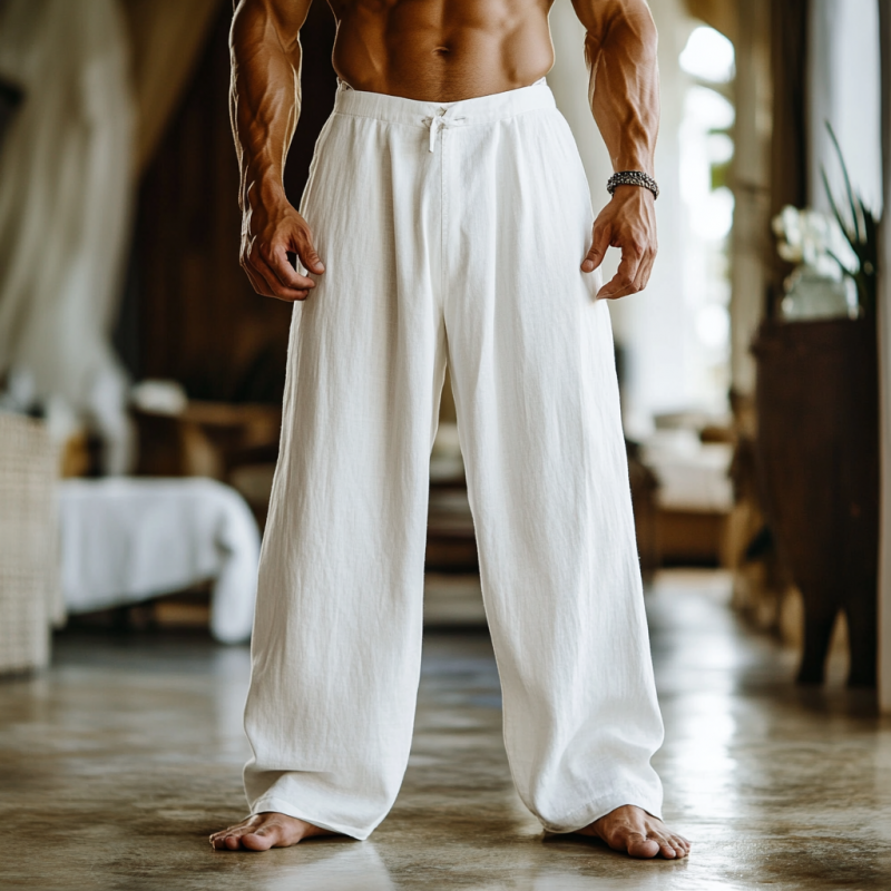 Men's Solid Color Loose Cotton And Linen Elastic Waist Casual Pants 9901319979192