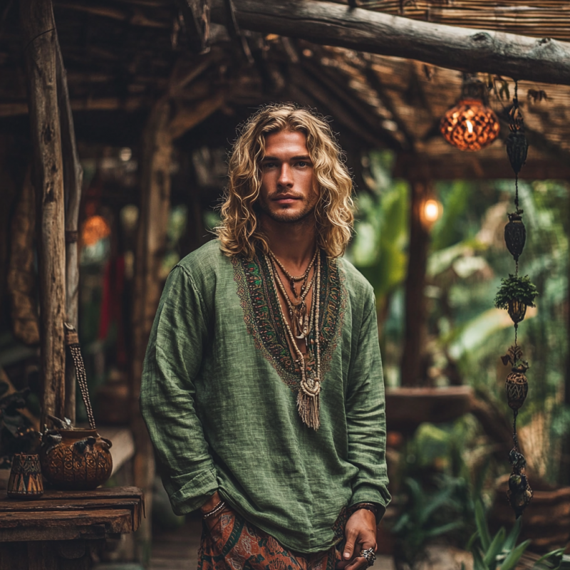 Men's Bohemian Print V Neck Long Sleeve Loose Fit Shirt 9901319651512