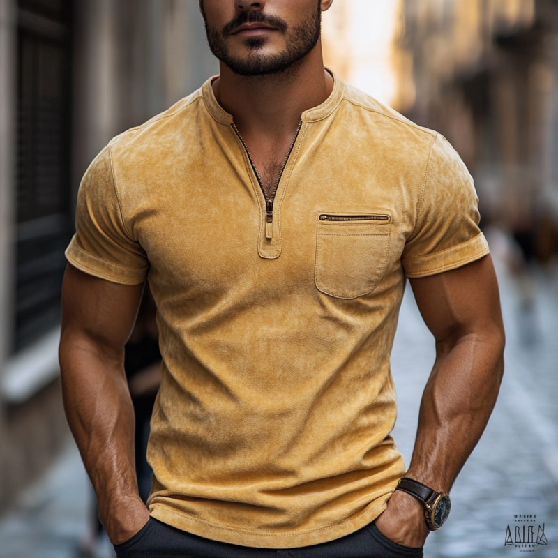 Men's Classic Casual Slim Fit V-Neck Zipper Pocket Suede Short Sleeve T-Shirt 9903595684024
