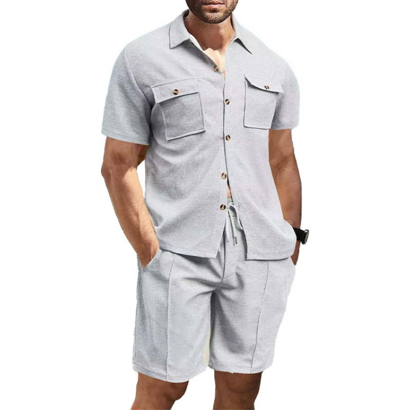 Men's Casual Waffle Lapel Chest Pocket Short Sleeve Shirt Elastic Waist Shorts Set 9907264487608