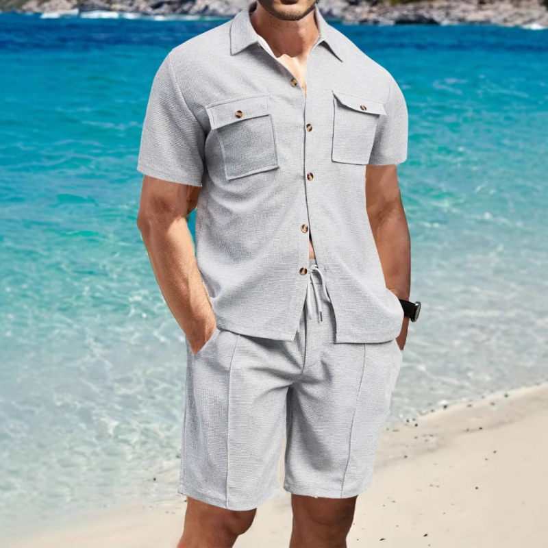 Men's Casual Waffle Lapel Chest Pocket Short Sleeve Shirt Elastic Waist Shorts Set 9907264487608