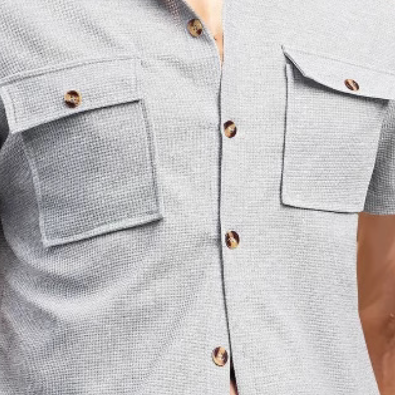 Men's Casual Waffle Lapel Chest Pocket Short Sleeve Shirt Elastic Waist Shorts Set 9907264487608