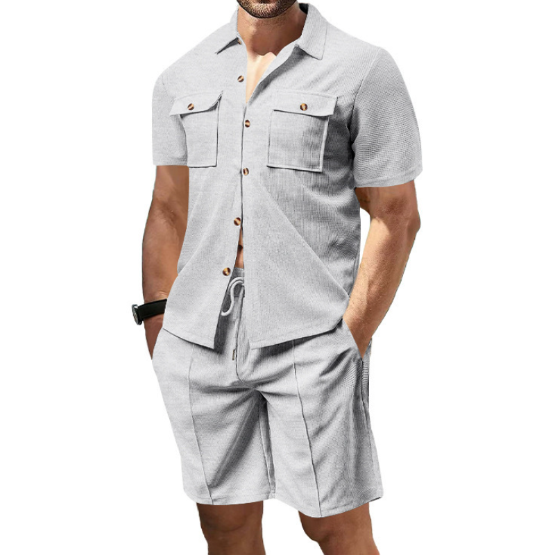 Men's Casual Waffle Lapel Chest Pocket Short Sleeve Shirt Elastic Waist Shorts Set 9907264487608
