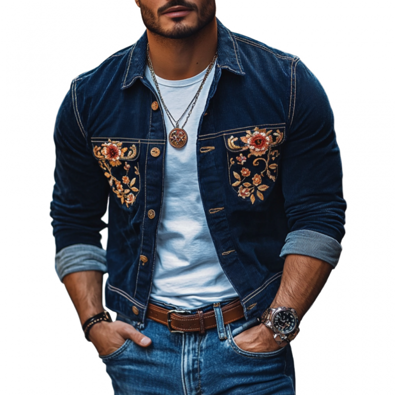 Men's Casual Corduroy Embroidered Lapel Single Breasted Slim Shirt Jacket 9907264291000