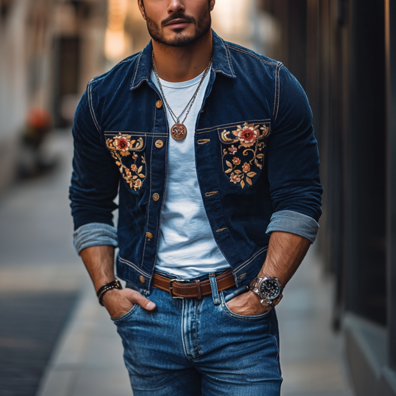 Men's Casual Corduroy Embroidered Lapel Single Breasted Slim Shirt Jacket 9907264291000