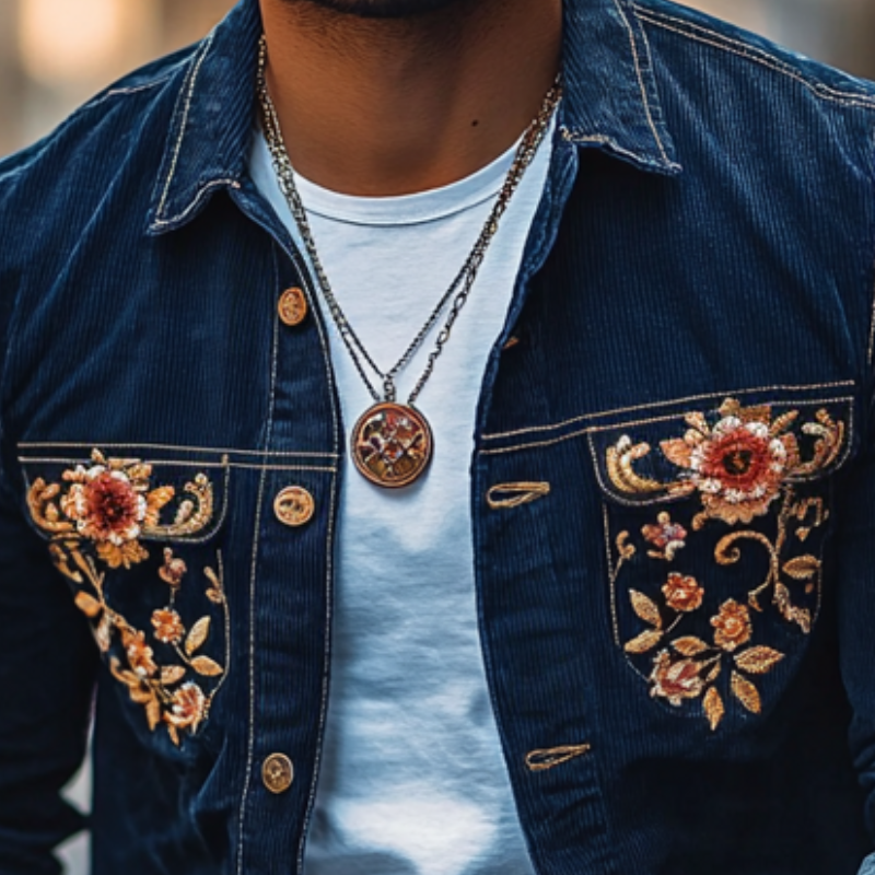 Men's Casual Corduroy Embroidered Lapel Single Breasted Slim Shirt Jacket 9907264291000