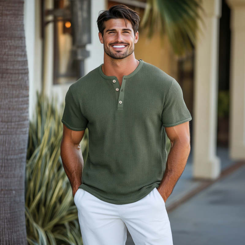 Men's Casual Waffle Cotton Henley Collar Loose Short Sleeve T-Shirt 9912945311928