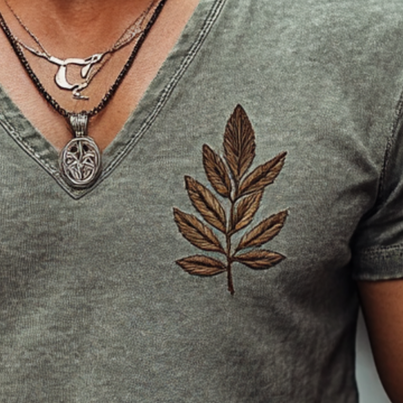 Men's Casual Cotton Washed Embroidered V-Neck Slim Short Sleeve T-Shirt 9918990090424