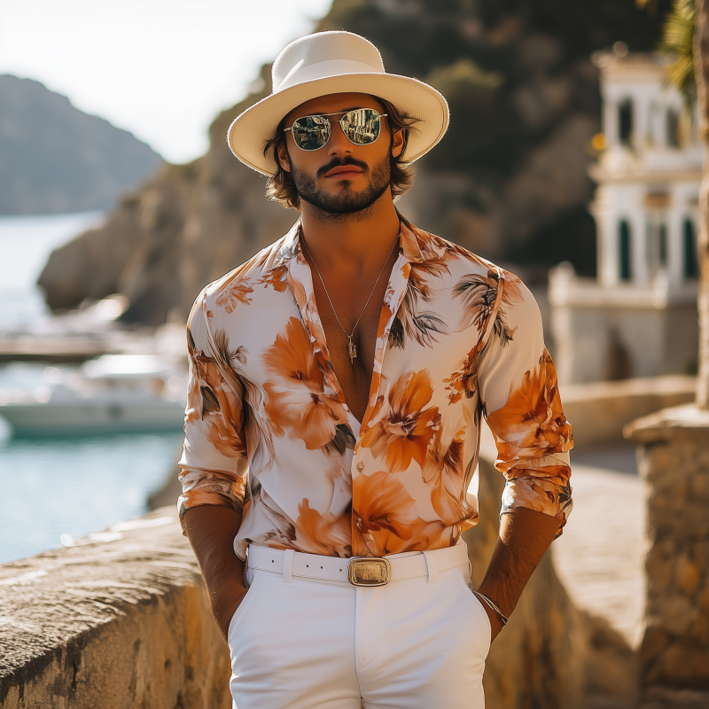 Men's Fashion Sicilian Style Chiffon Print Long Sleeve Shirt 9918991204536