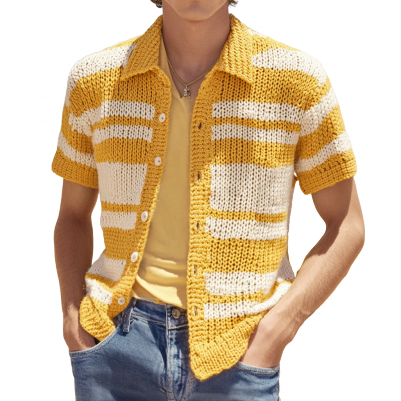 Men's Casual Contrast Striped Lapel Single-breasted Knitted Short-sleeved Cardigan 9918990287032