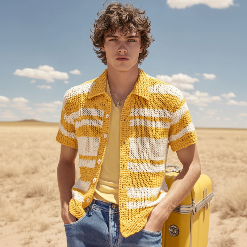 Men's Casual Contrast Striped Lapel Single-breasted Knitted Short-sleeved Cardigan 9918990287032
