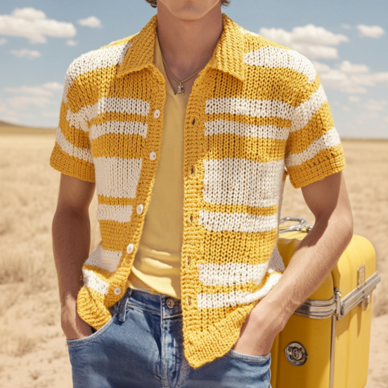 Men's Casual Contrast Striped Lapel Single-breasted Knitted Short-sleeved Cardigan 9918990287032