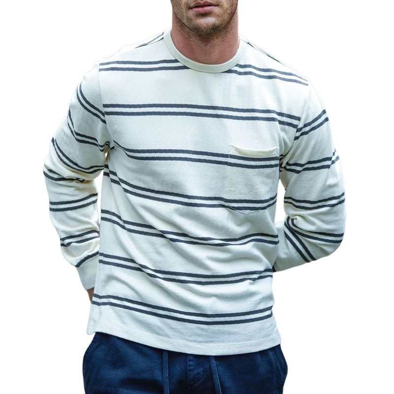 Men's Fashion Striped Round Neck Chest Pocket Long Sleeve T-shirt 9890060468408