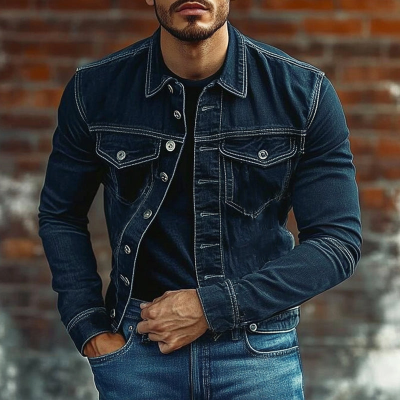 Men's Solid Color Lapel Single Breasted Denim Jacket 9909011022008