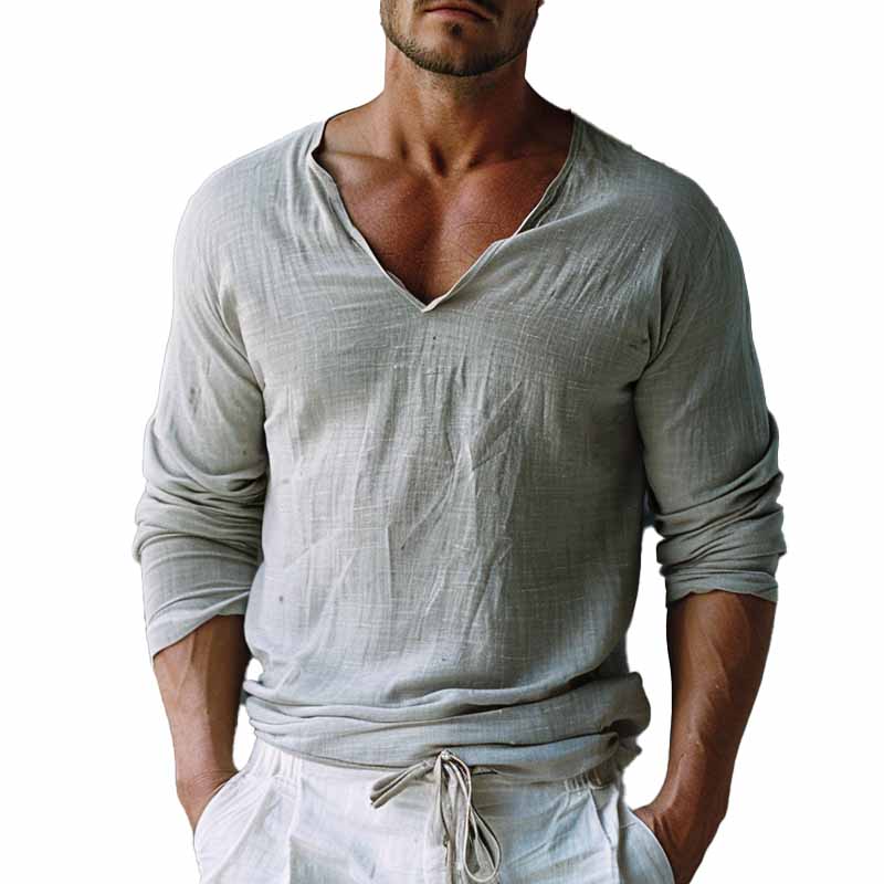 Men's Vintage Cotton V-Neck Long Sleeve T-Shirt 9894195298488