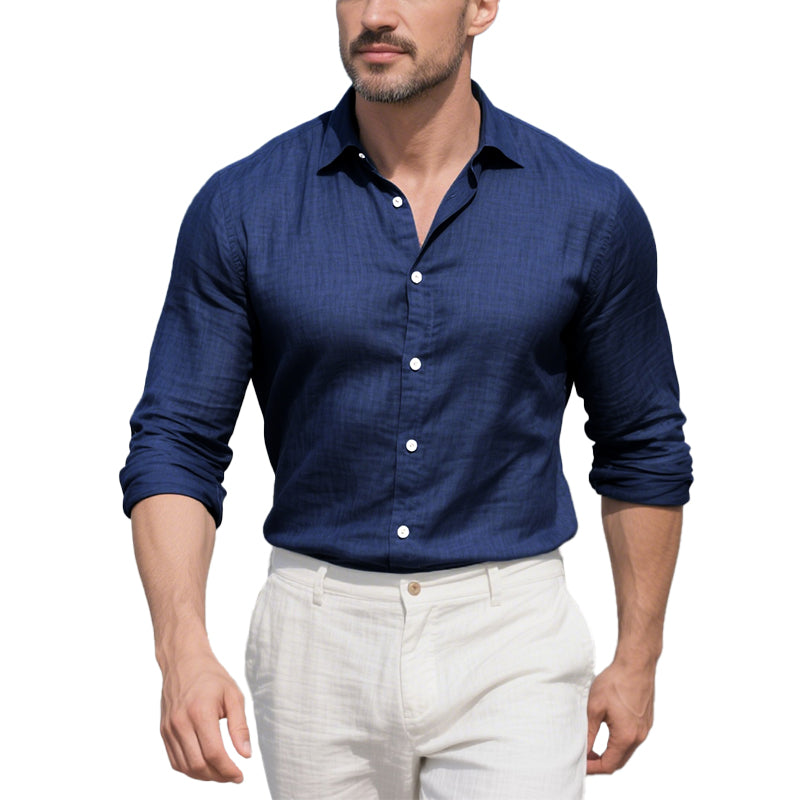 Men's Cotton and Linen Casual Solid Color Lapel Shirt 9261774962872